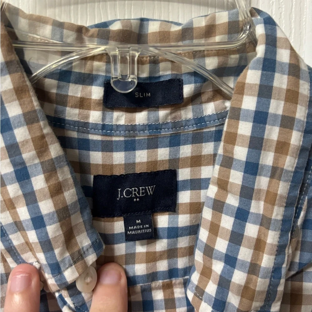 J. Crew Men's Blue and Tan Plaid Shirt Size Medium